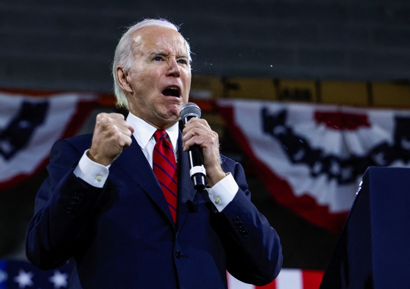 U.S. President Joe Biden delivers an economic speech at SteamFitters UA Local 602 in Springfield