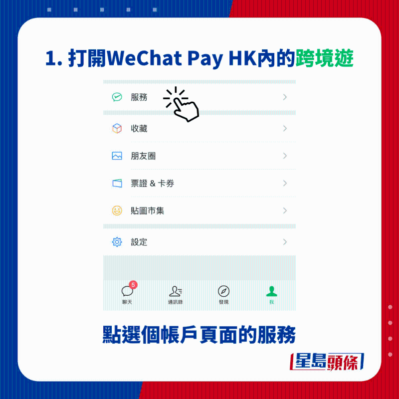 1. 打開WeChat Pay HK內的跨境遊｜點選個帳戶頁面的服務