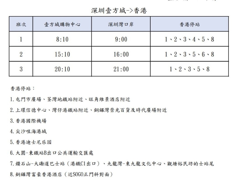 前海壹方城购物中心 返回香港各区 时间表